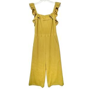 Kittenish Chelsea Jumpsuit Mustard Yellow Ruffle Straps Crop Wide Leg Pockets M